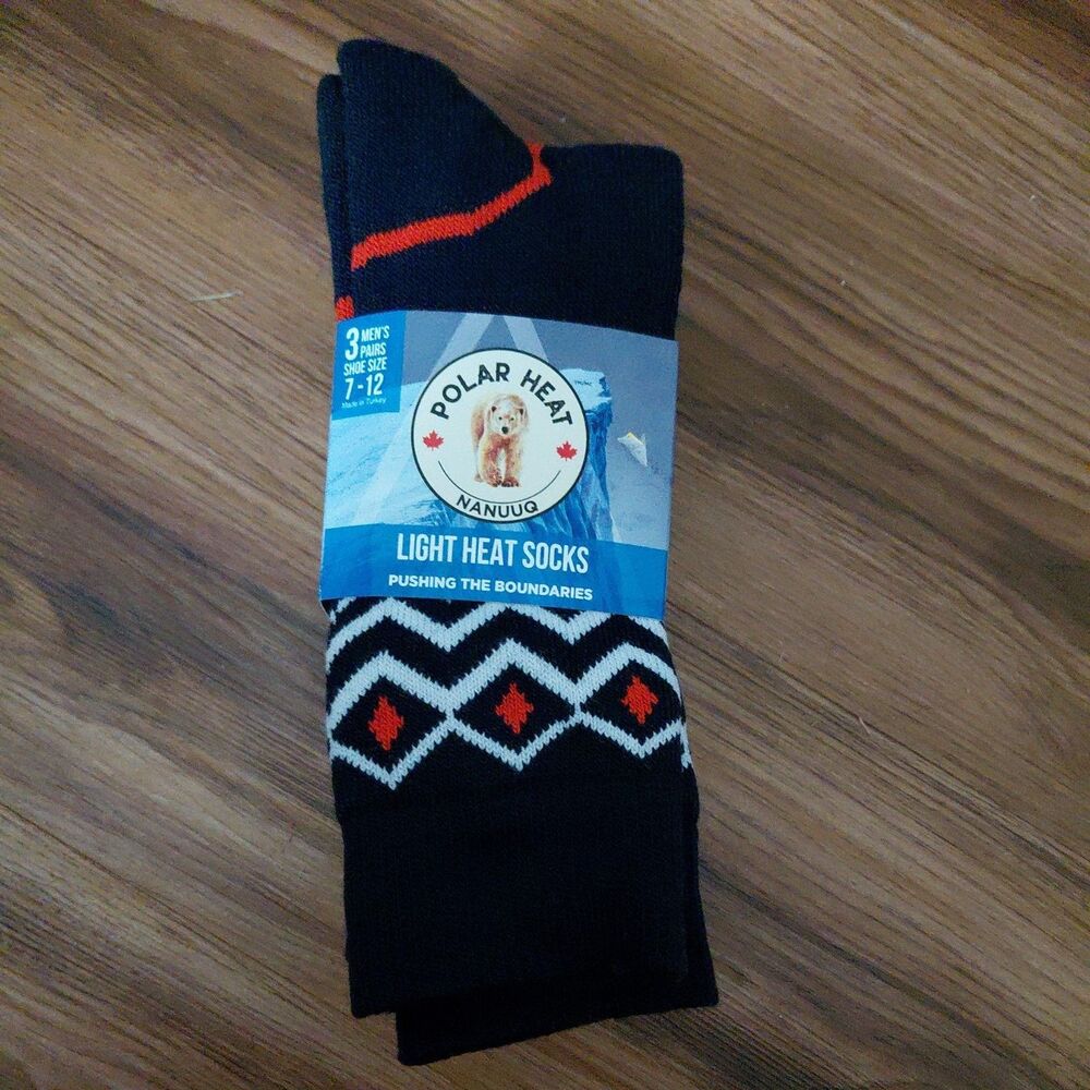 Polar Heat Socks for Men, 3 Pairs Light Heat Crew Socks, Navy/Red, Size 7-12